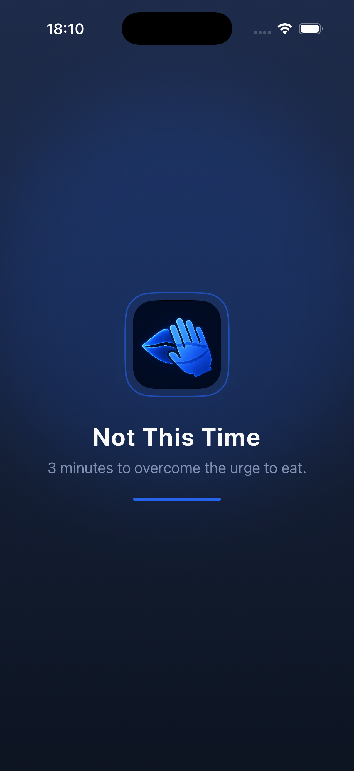 Not This Time launch screen showing the app icon and the line 3 minutes to overcome the urge to eat